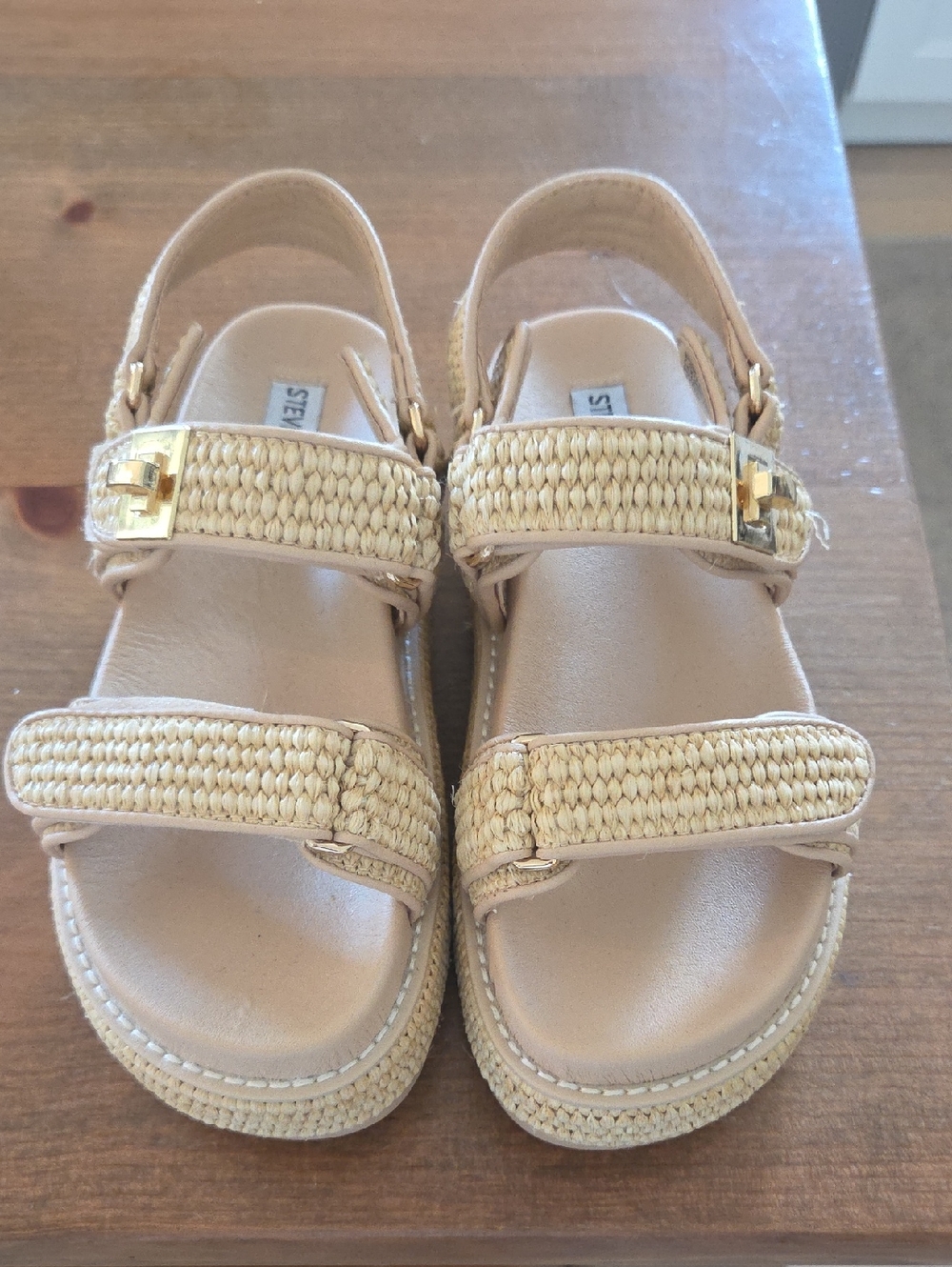Steve Madden Beige Raffia Platform Sandals with Gold Buckles